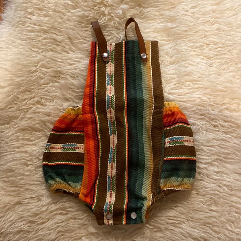 Serape Baby Romper Multicolored Leather Straps EUC Sz 12 Months Snaps
